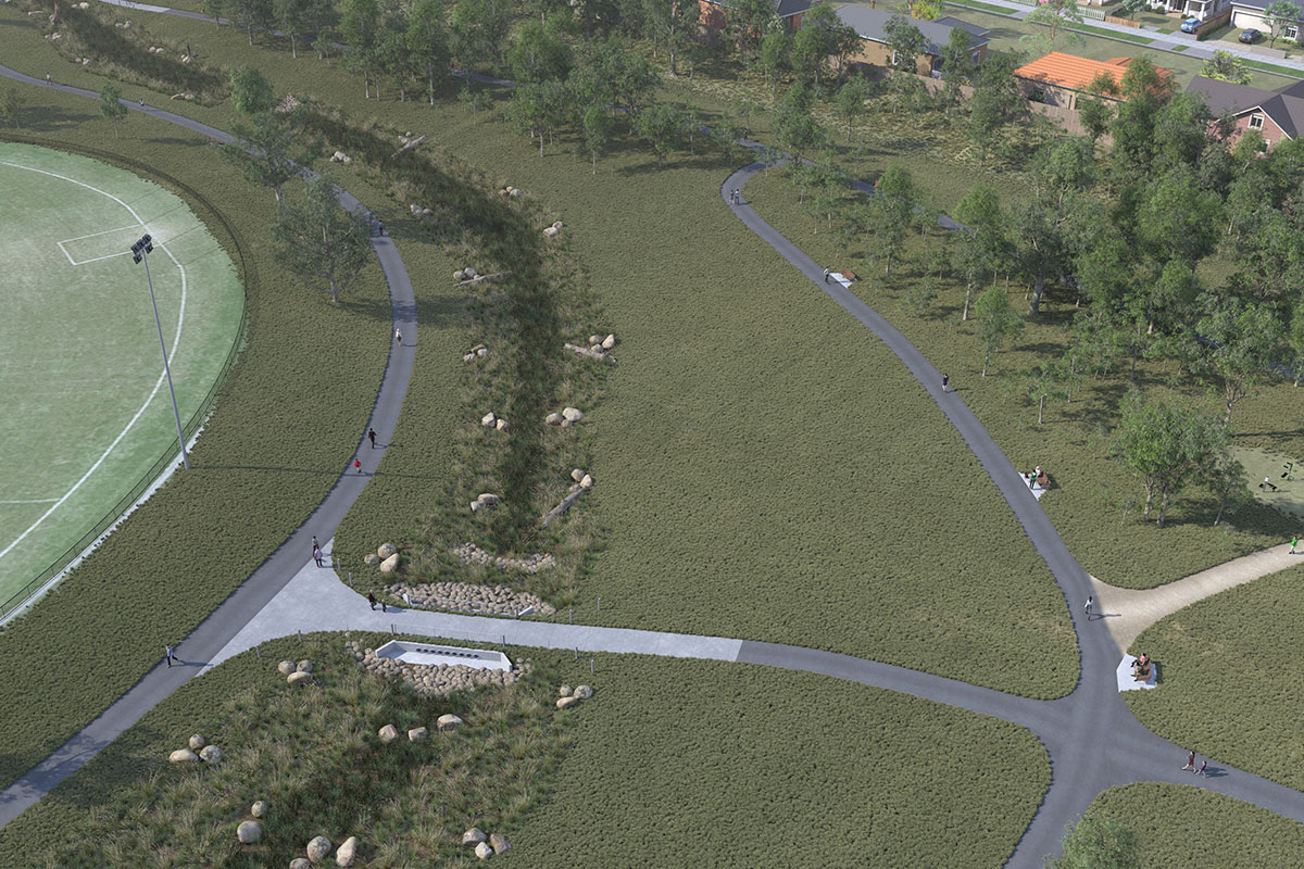 Artist impression of new dry creek bed in Liberty Reserve Avenue, Rowville when it is dry.