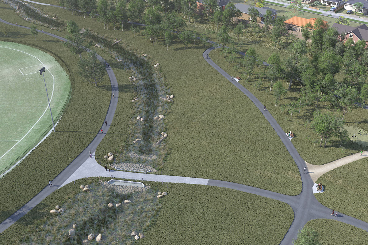 Artist impression of new dry creek bed in Liberty Reserve Avenue, Rowville when it is wet.