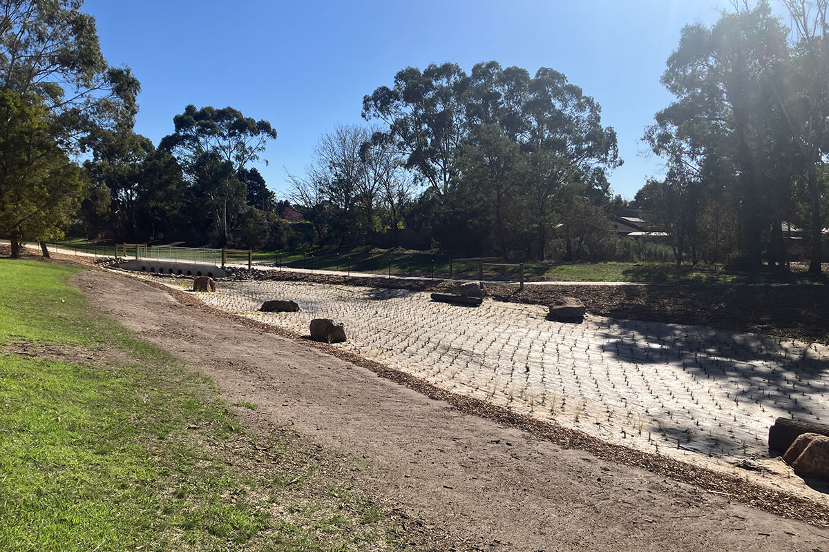 New dry creek bed at Liberty Avenue Reserve, Rowville