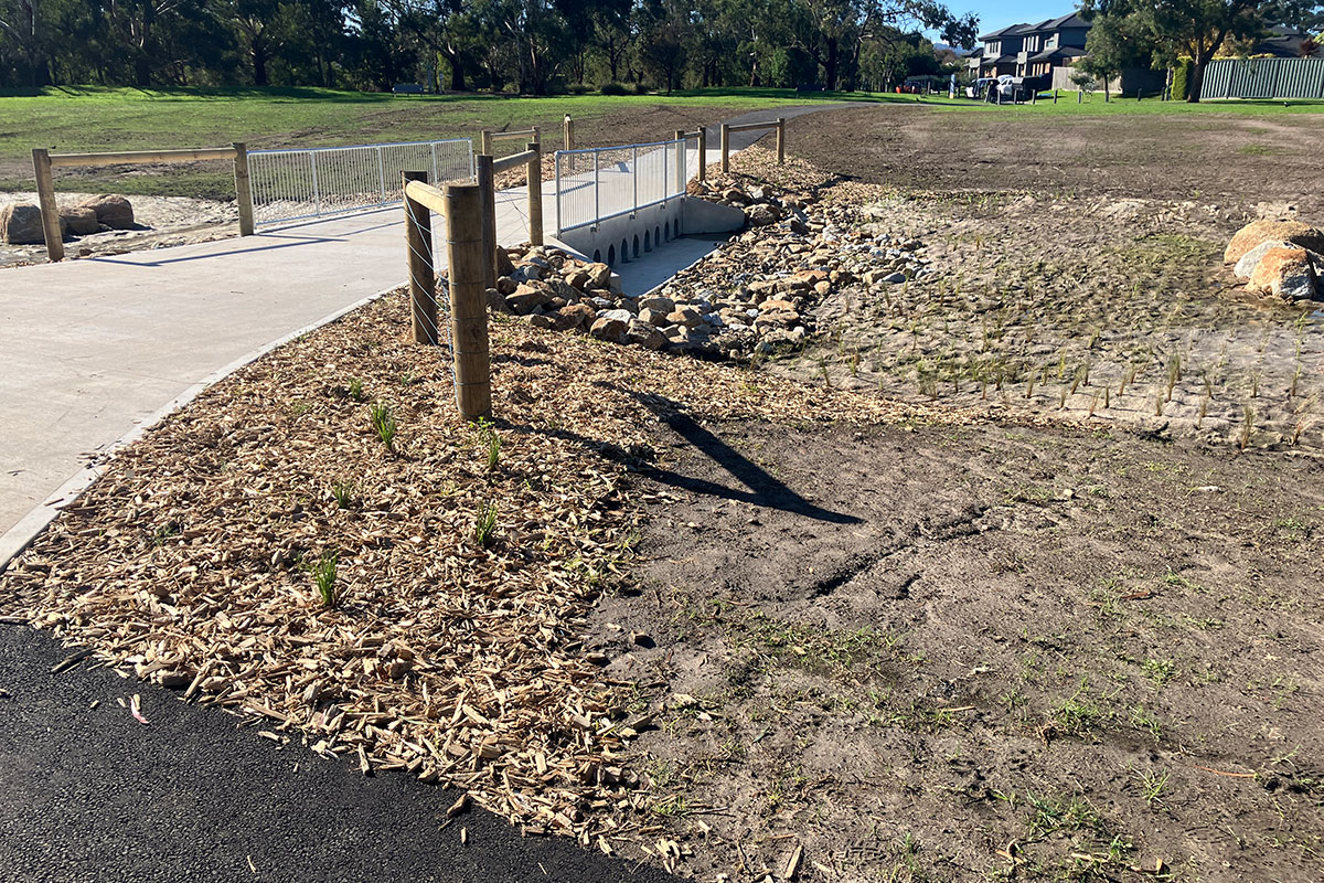 New dry creek bed at Liberty Avenue Reserve, Rowville