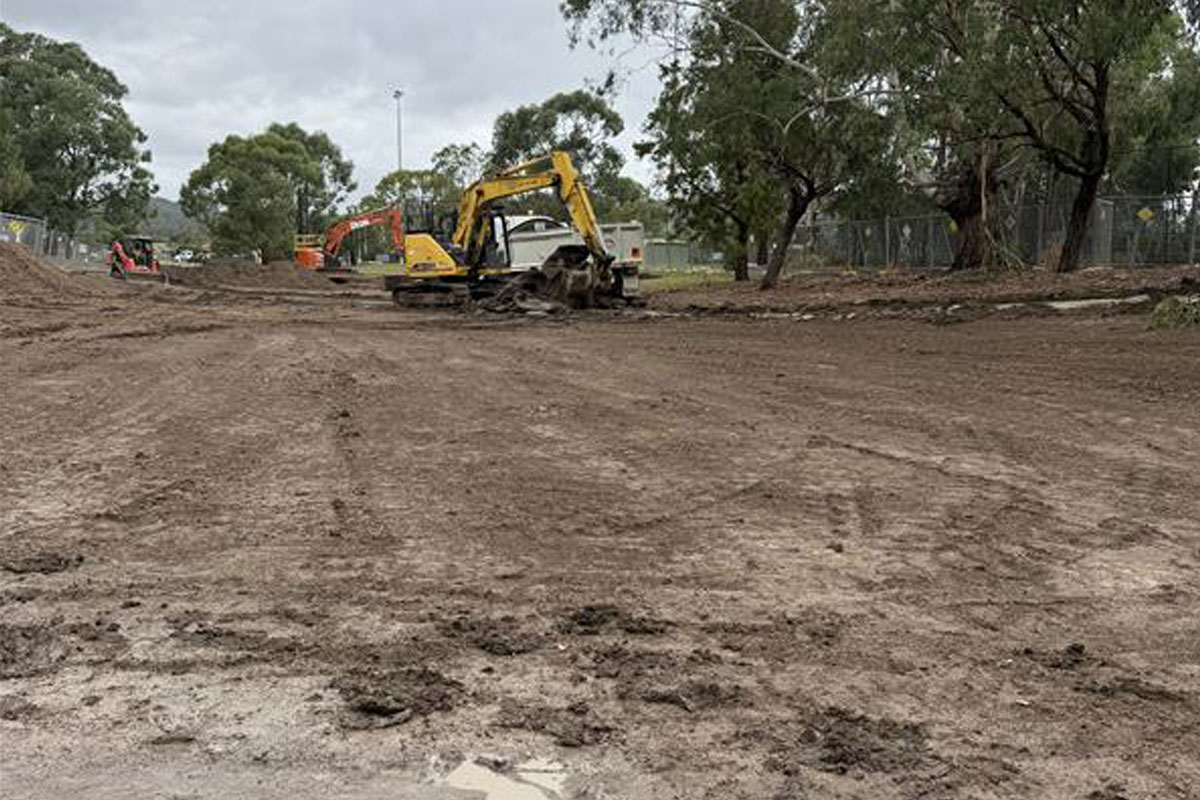 Construction of the new dry creek bed at Liberty Avenue Reserve, Rowville