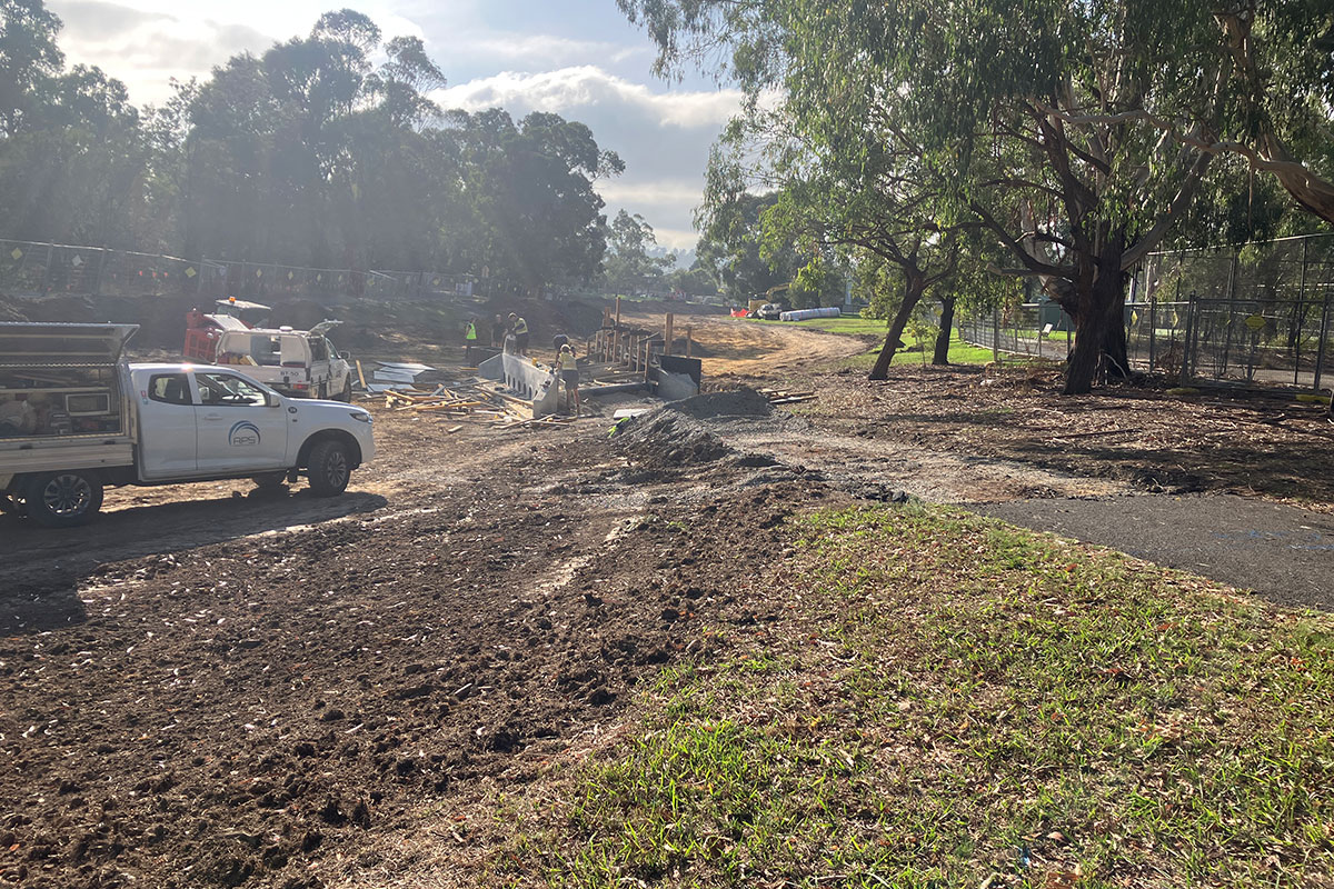 Construction of the new dry creek bed at Liberty Avenue Reserve, Rowville