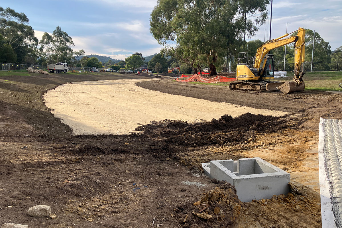 Construction of the new dry creek bed at Liberty Avenue Reserve, Rowville