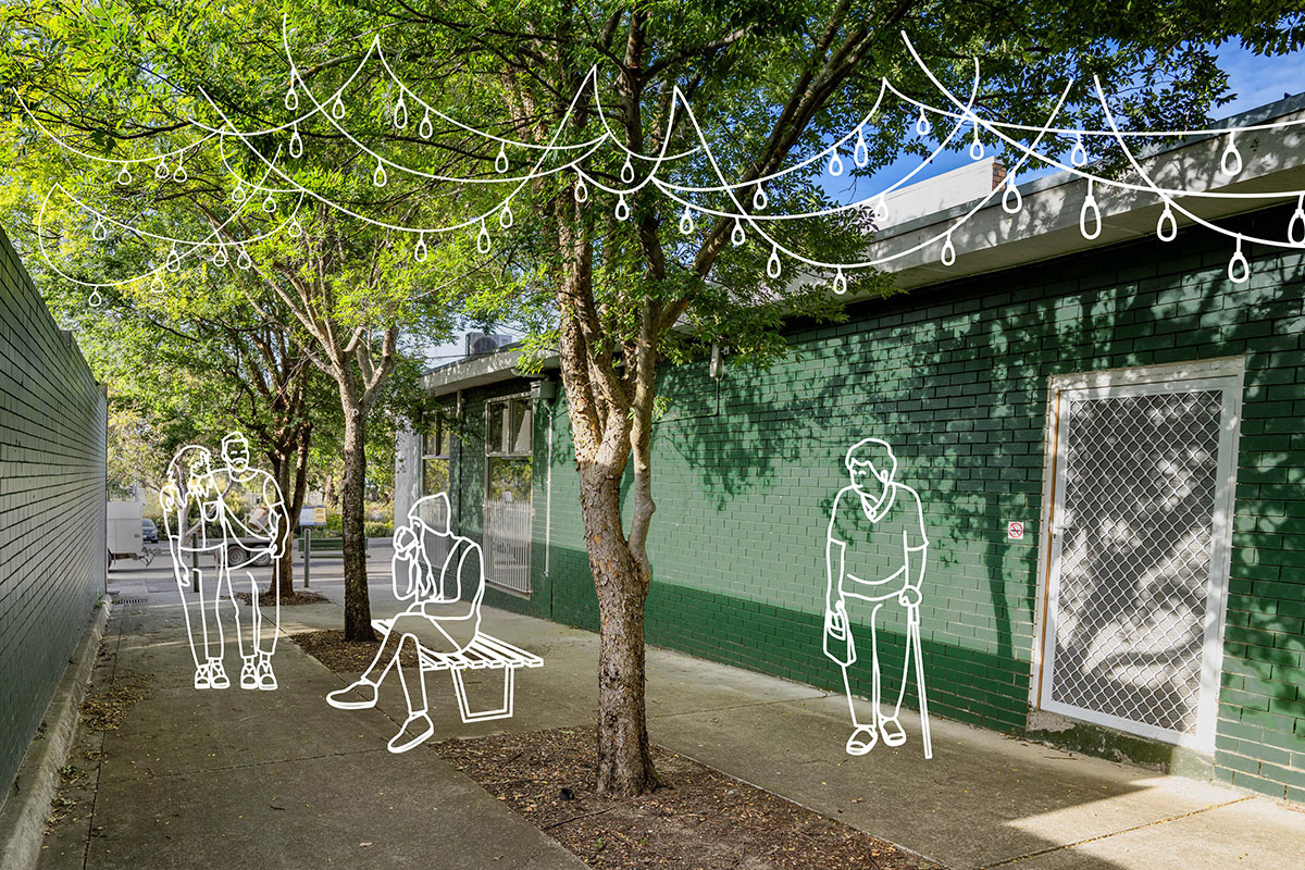 An illustration of the Sticking points upgrade program showing a proposed community space in Knoxfield alley with seating and fairy lights installed.