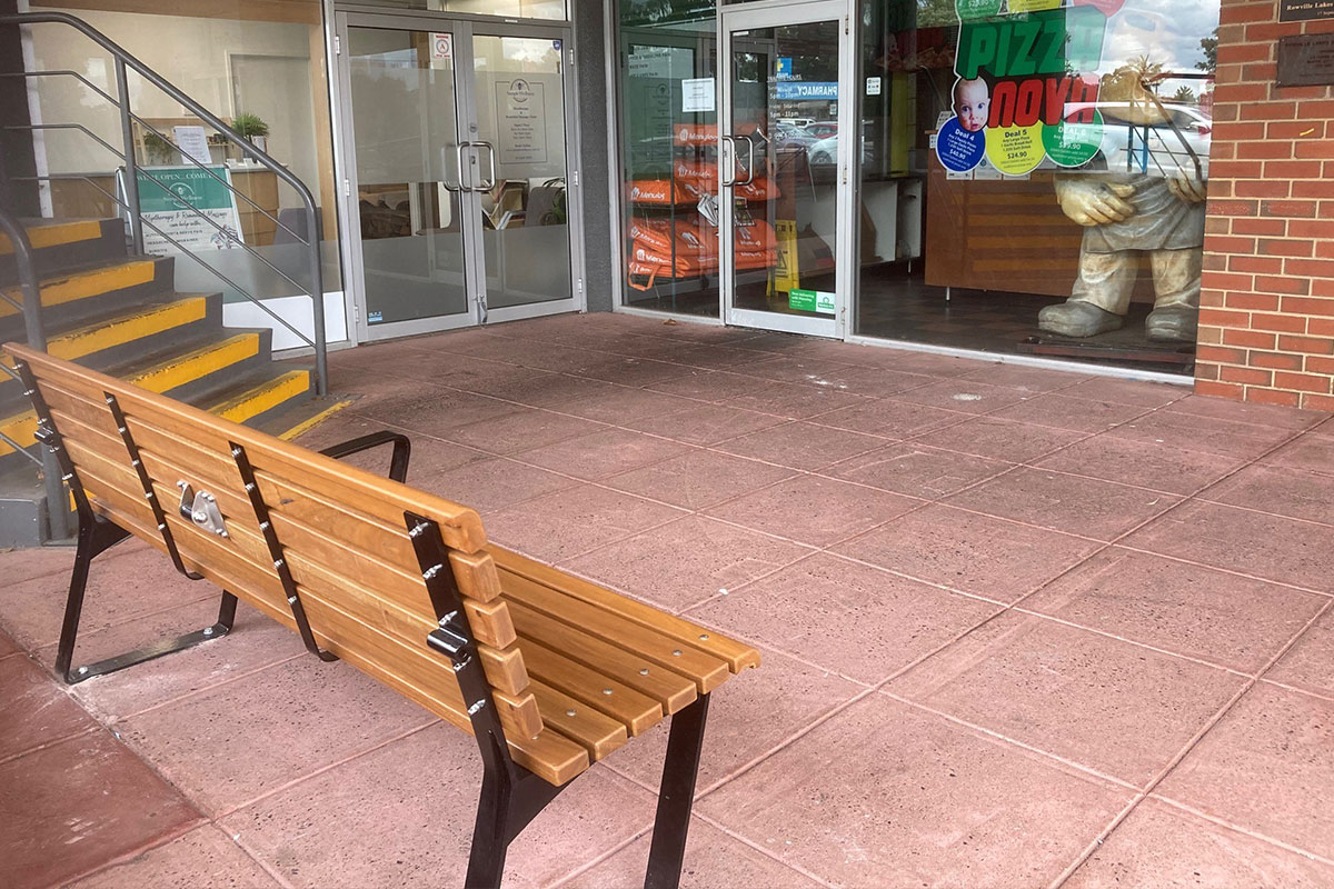 New park bench in Rowville Lakes Shopping Centre.
