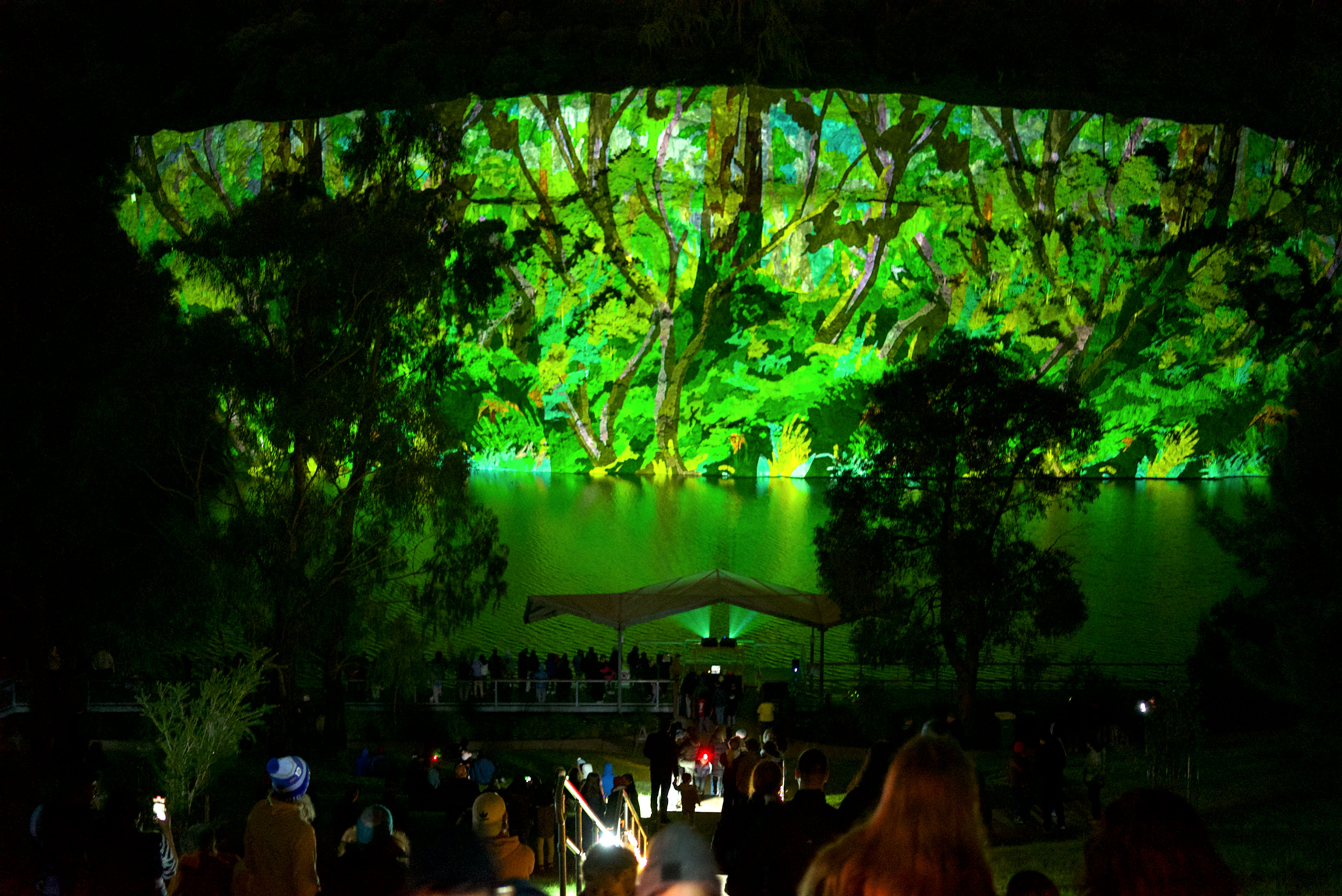 Trees with bright green foliage projected onto the back of a stage