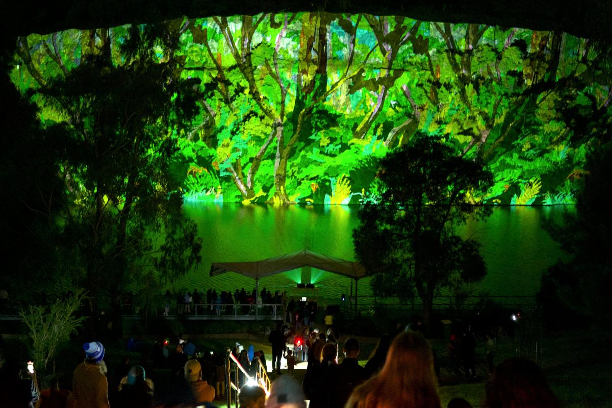 Trees with bright green foliage projected onto the back of a stage