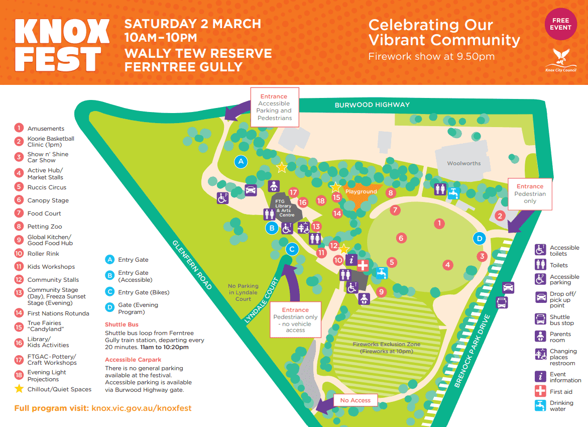 Knox Fest site map of activities, stages, toilets