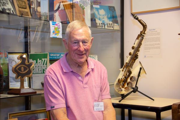 Mel Blachford with Ade Monsbourgh's rare saxaphone.