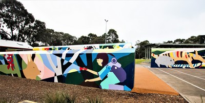 Public artwork mural by David Booth (Ghost Patrol) and Carla McRae located at Marie Wallace Reserve, Bayswater