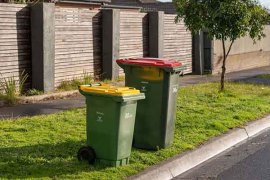 yellow and red lidded bins