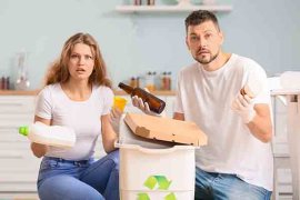 Two people with rubbish and a rubbish bin