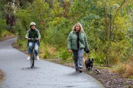 A shared path being used by a cyclist and a pedestrian