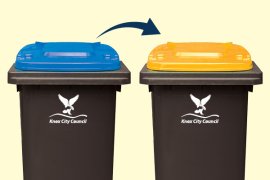 Household recycling bin with lid colour changing from blue to yellow