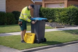 Waste contractor changing household recycling bin lid from blue to yellow