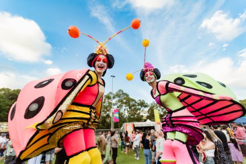 Two stilt walkers dressed as colourful lady bugs at Knox Festival