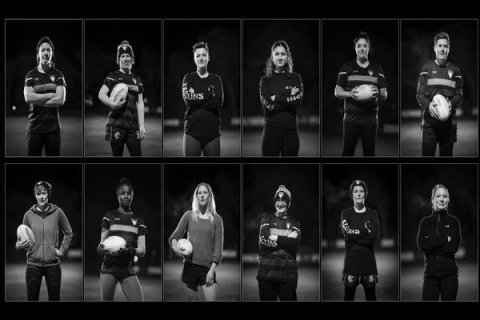 Black and white montage image of women's football players
