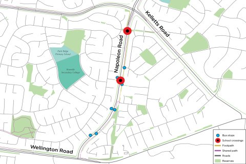 Map of Napoleon Road, Lysterfield, between Kellets Road and Wellington Road
