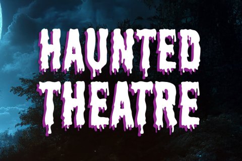 Bold purple and white text saying 'Haunted Theatre' in front of blue and black dark tree background