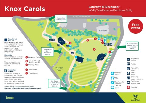 Map showing the layout of stalls, activities, facilities and access points at Knox Carols 2025