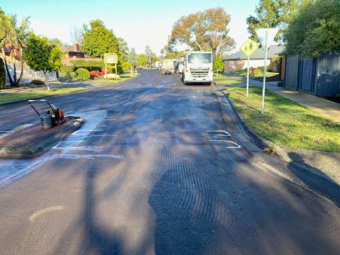 Eco-friendly asphalt being laid on Milpera Crescent, Wantirna
