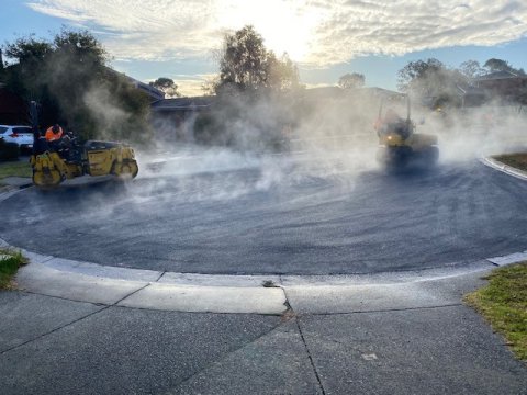 Eco-friendly asphalt being laid at The Mews and Milpera Crescent, Wantirna