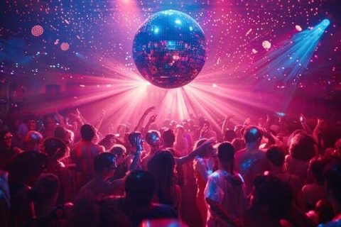 Image of people dancing in a large room with pink lights and a large mirror ball above