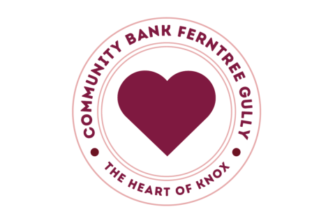 Image of a maroon love heart surrounded by a circle with the words Community Bank Ferntree Gully
