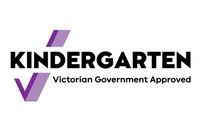 Purple check mark with the word 'kindergarten' through it in black block text