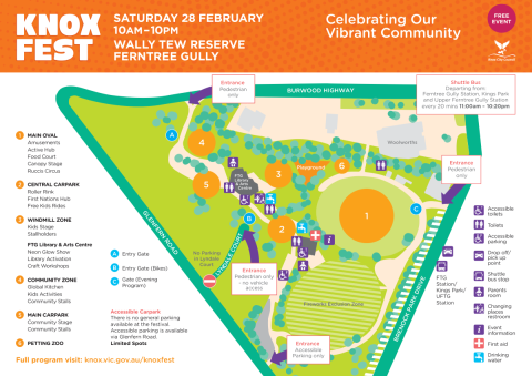 Map showing the layout of stalls, activities, facilities and access points at Knox Festival 2026