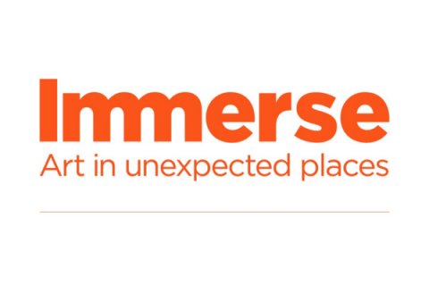 Orange text reading 'Immerse, art in unexpected places' on a white background
