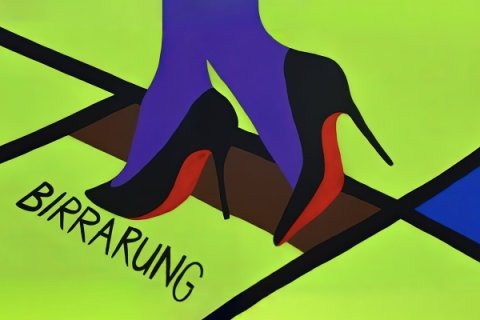 Stylised illustration of a figure’s legs wearing black high-heeled shoes with red soles stepping across a bright green board game space. The word “BIRRARUNG” is printed in bold black letters on the board beneath the feet.