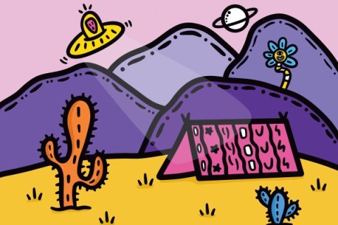 Playful cartoon-style desert scene with purple mountains, a yellow ground, and quirky elements including a cactus, a small tent with patterned panels, a flower, and a flying saucer hovering in the sky.