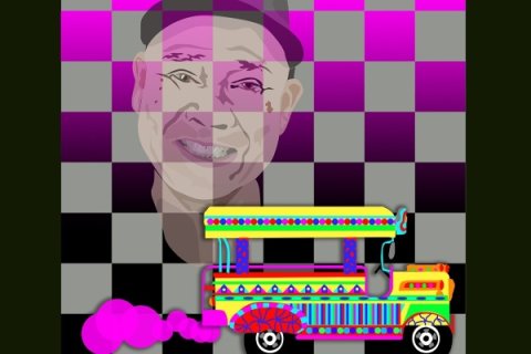 Digital collage featuring a semi-transparent illustrated portrait over a magenta-and-grey checkerboard background. In the foreground, a brightly decorated, stylised bus emits pink smoke, creating a layered, surreal composition.