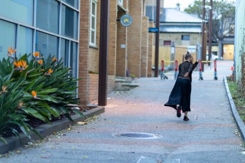 Alleyway in daylight, with green flowering plants and a person walking down path