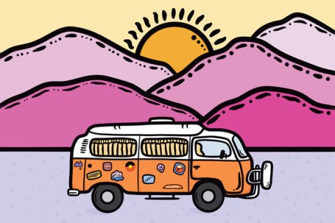 Artist K-RAE artwork of van, mountains and sun