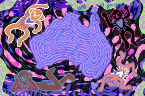 Vibrant digital artwork with a central purple outline of Australia over a layered, abstract background of swirling pink, blue, and black patterns. Surrounding the shape are playful, cartoon-style human figures in various poses, outlined in bright colours.