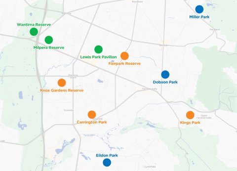 Map of Knox City Council sports infrastructure projects, showing planned upgrades across Knox. Clubhouse projects are located at Lewis Park Pavilion, Wantirna Reserve and Milpera Reserve. Sports field lighting projects are located at Miller Park, Dobson Park and Eldon Park. Ground upgrade projects are located at Carrington Park, Kings Park, Knox Gardens Reserve (Oval 1) and Fairpark Reserve (Oval 1).