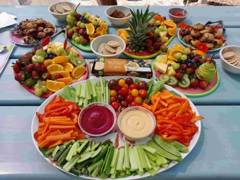 Colorful buffet table featuring platters of fresh fruit, cut vegetables, dips, crackers, and baked snacks arranged on an outdoor picnic table.