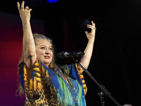 Lady Shaula standing at a microphone on stage with both arms raised, wearing a brightly coloured patterned outfit against a dark background illuminated by stage lighting.