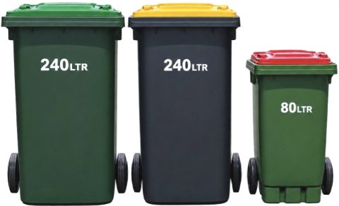 Green-lid bin 240 litres, yellow-lid bin 240 litres and red-lid bin 80 litres